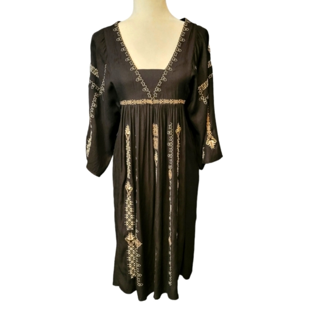 Anthropologie Greylin Boho Cottage Core Dress Black Embroidered Detail XS